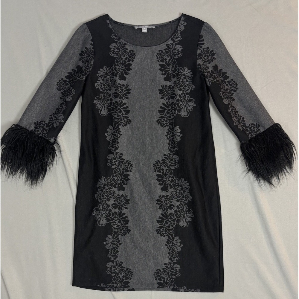Valerie‎ Stevens Women Medium Gray/Black Floral Fur Cuffs Midi Dress Formal